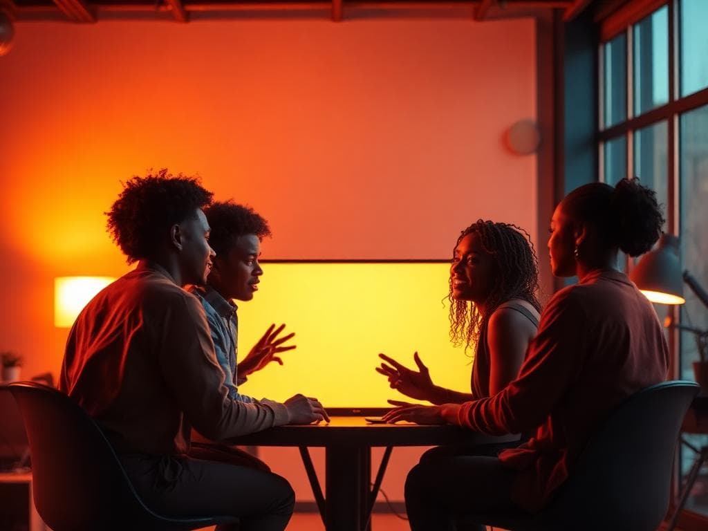 Team collaborating warmly around a table in golden light