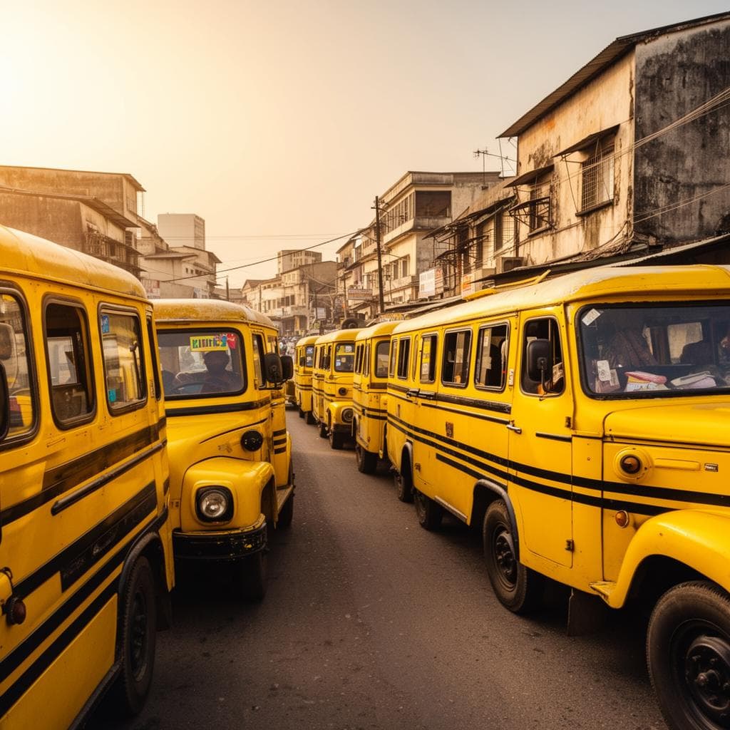 Iconic Lagos yellow danfo buses on a busy street